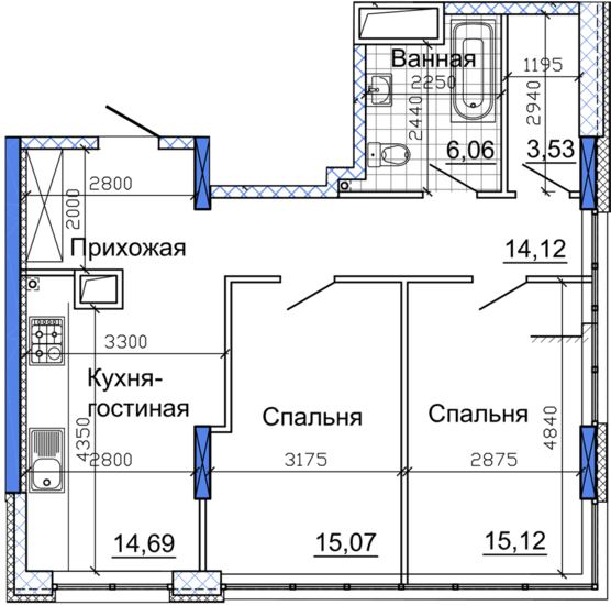 2-кімнатна 70.9 м² в ЖК Nebo від 40 200 грн/м², Дніпро