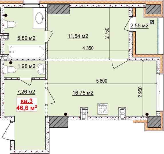 1-комнатная 46.6 м² в ЖК Славия от застройщика, Днепр
