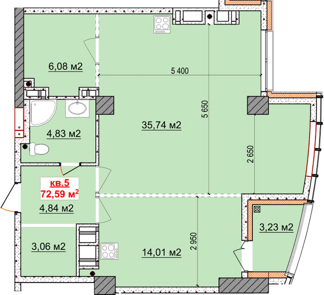 2-комнатная 72.59 м² в ЖК Славия от застройщика, Днепр