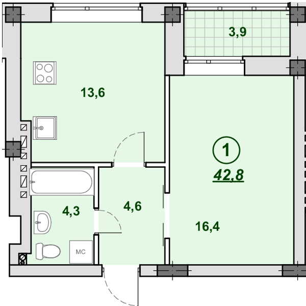 1-комнатная 42.8 м² в ЖК Южный от 23 250 грн/м², Днепр