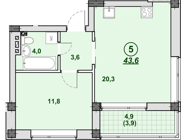 1-комнатная 43.6 м² в ЖК Южный от 23 250 грн/м², Днепр