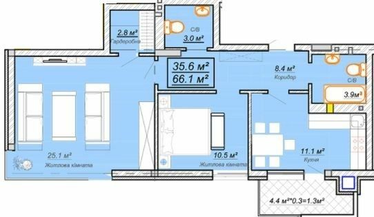 2-комнатная 66.1 м² в ЖК Grand Village от 20 500 грн/м², с. Сокольники