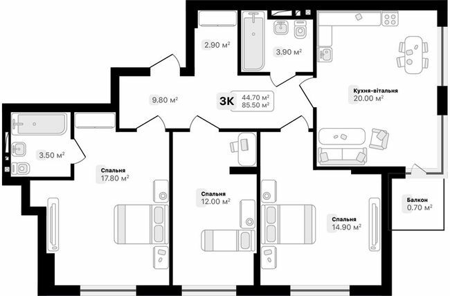 3-комнатная 85.5 м² в ЖК Auroom City от 21 100 грн/м², Львов