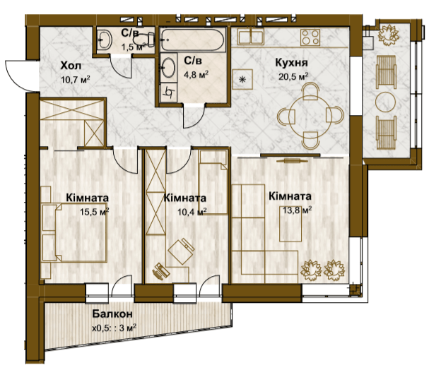 3-кімнатна 80.2 м² в ЖК Традиція від 16 750 грн/м², с. Зміїнець