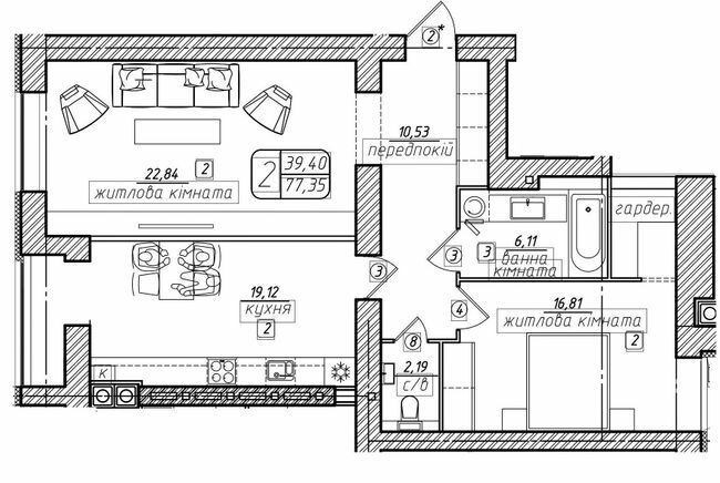 2-комнатная 77.35 м² в ЖК Западный от 18 500 грн/м², Винница