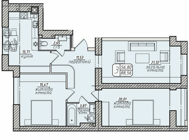 3-кімнатна 88.7 м² в ЖК Західний від 15 500 грн/м², Вінниця