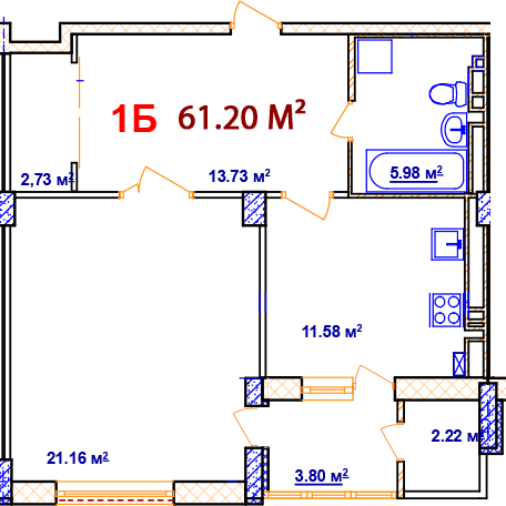 1-кімнатна 61.2 м² в ЖК Комфорт від 14 000 грн/м², Вінниця