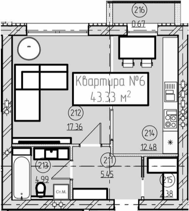 1-кімнатна 43.33 м² в ЖК Парковий від 23 150 грн/м², Ужгород