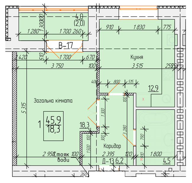 1-кімнатна 45.9 м² в ЖК на вул. Петра Калнишевського від 14 500 грн/м², м. Кременчук