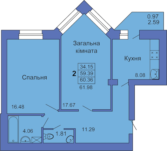 2-комнатная 61.98 м² в ЖК на пл. Павленковская, 3В от 24 000 грн/м², Полтава