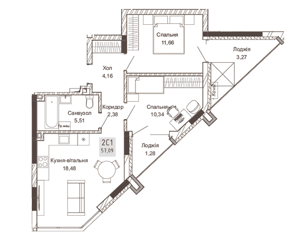 2-кімнатна 57.09 м² в ЖК Pokrovsky Apart Complex від 31 550 грн/м², Рівне