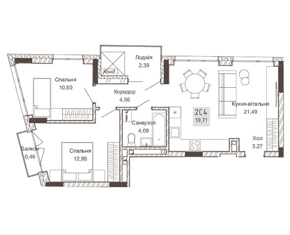 2-кімнатна 59.71 м² в ЖК Pokrovsky Apart Complex від 31 550 грн/м², Рівне