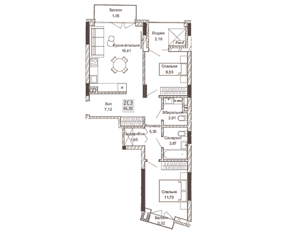 2-кімнатна 64.02 м² в ЖК Pokrovsky Apart Complex від 31 550 грн/м², Рівне