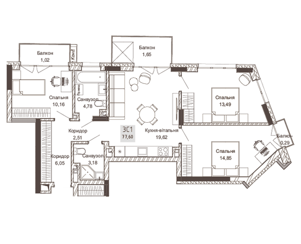 3-кімнатна 77.6 м² в ЖК Pokrovsky Apart Complex від 35 900 грн/м², Рівне