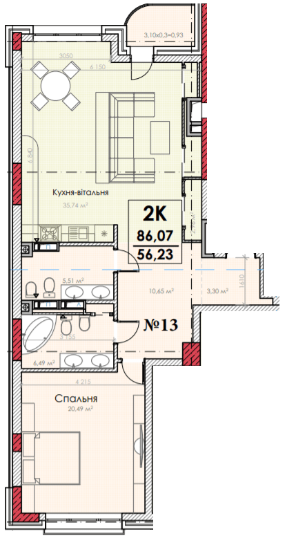 2-комнатная 86.07 м² в КД Turgenev от застройщика, Киев