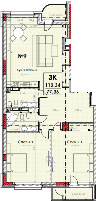 3-комнатная 112.34 м² в КД Turgenev от застройщика, Киев
