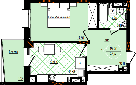 1-кімнатна 43.41 м² в ЖК Янтарний від 24 050 грн/м², Чернівці