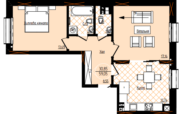 2-комнатная 59.05 м² в ЖК Янтарный от 24 050 грн/м², Черновцы