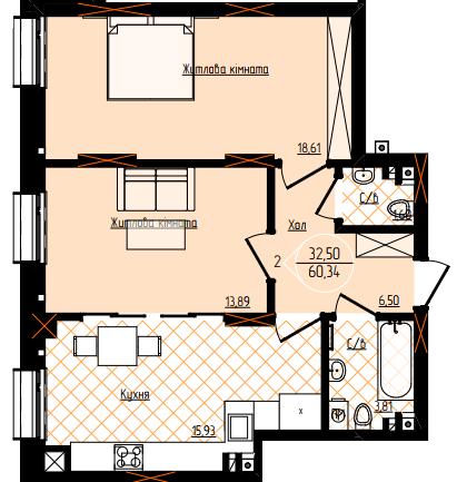 2-кімнатна 60.34 м² в ЖК Янтарний від 24 050 грн/м², Чернівці