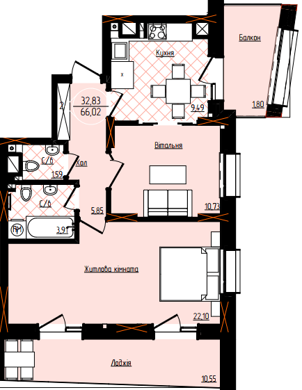 2-кімнатна 66.02 м² в ЖК Янтарний від 24 050 грн/м², Чернівці