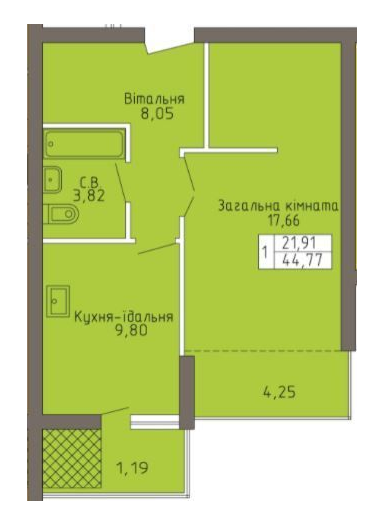 1-комнатная 44.77 м² в ЖК Магнолия от 19 000 грн/м², Хмельницкий