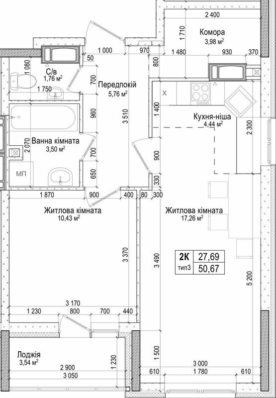 2-кімнатна 50.67 м² в ЖК Атлант на Київській від 19 300 грн/м², м. Бровари