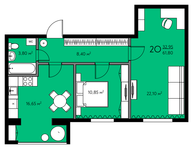 2-кімнатна 61.8 м² в ЖК Молодіжне містечко від 17 000 грн/м², с. Крюківщина