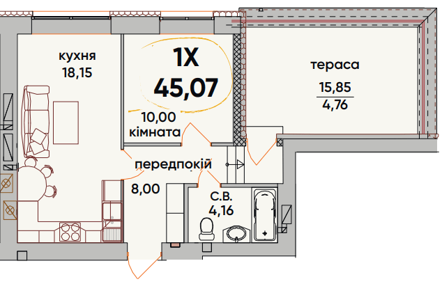 1-кімнатна 45.07 м² в ЖК Continent Ray від 18 500 грн/м², м. Буча