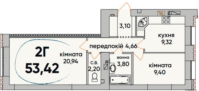 2-кімнатна 53.42 м² в ЖК Continent Ray від 19 600 грн/м², м. Буча