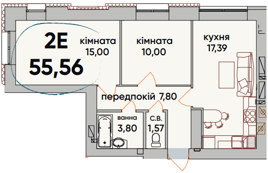 2-кімнатна 55.56 м² в ЖК Continent Ray від 19 600 грн/м², м. Буча