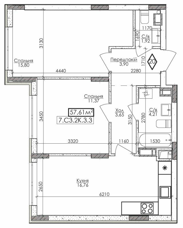 2-комнатная 57.61 м² в ЖМ Новая Буча от 15 500 грн/м², г. Буча