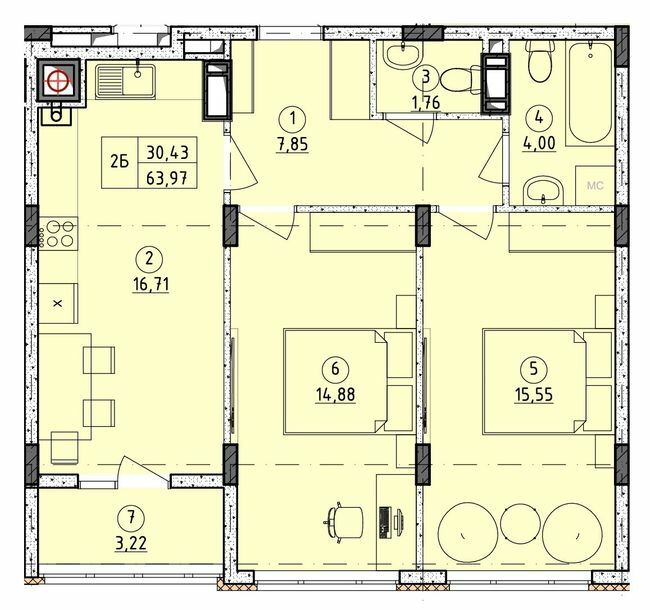 2-комнатная 63.97 м² в ЖК Стожары от 17 000 грн/м², с. Софиевская Борщаговка