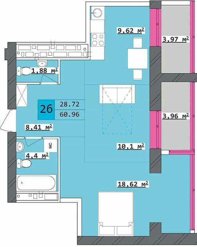 2-кімнатна 60.96 м² в ЖК Столичний від 18 500 грн/м², Харків