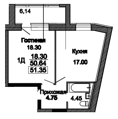 1-комнатная 51.35 м² в ЖК Пролисок от 22 350 грн/м², Днепр