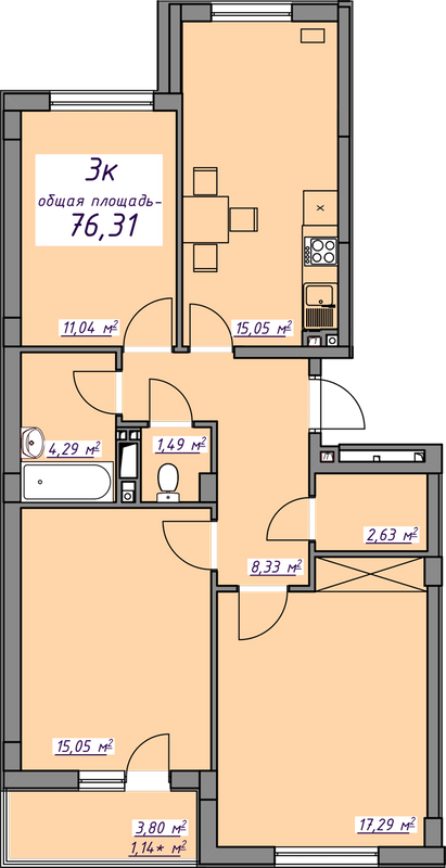 3-комнатная 76.31 м² в ЖМ Седьмое Небо от 20 300 грн/м², пгт Авангард