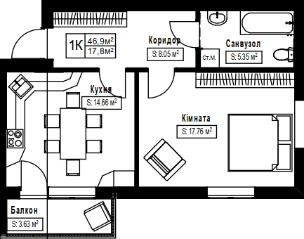 1-кімнатна 46.9 м² в ЖК Південний від 21 000 грн/м², с. Сокільники