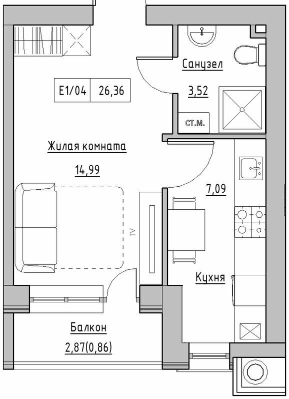 1-комнатная 26.36 м² в ЖК KEKS от 14 900 грн/м², пгт Авангард