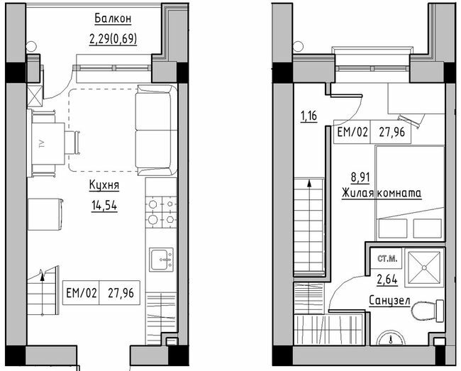 Двухуровневая 27.96 м² в ЖК KEKS от 14 900 грн/м², пгт Авангард