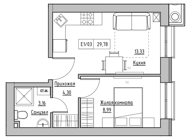 1-кімнатна 29.78 м² в ЖК KEKS від 14 900 грн/м², смт Авангард