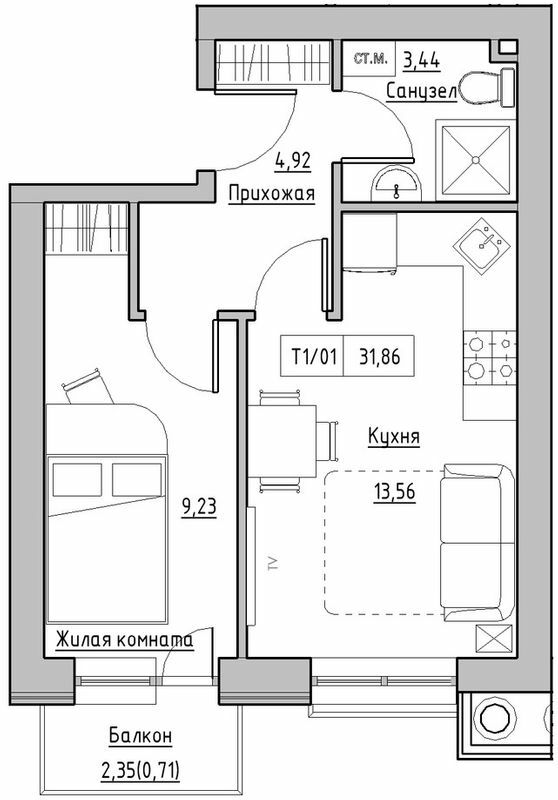1-комнатная 31.86 м² в ЖК KEKS от 14 900 грн/м², пгт Авангард