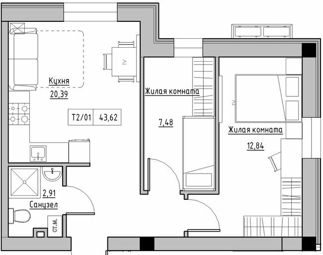 2-комнатная 43.62 м² в ЖК KEKS от 19 900 грн/м², пгт Авангард