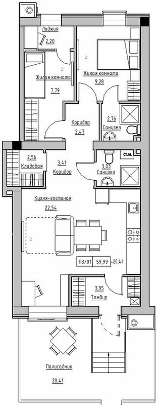 2-кімнатна 59.99 м² в ЖК KEKS від 19 900 грн/м², смт Авангард