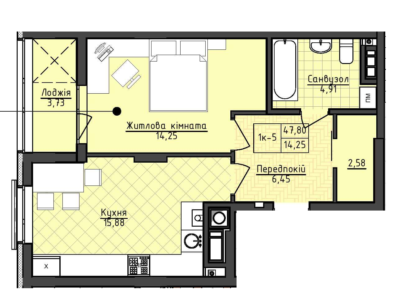 1-комнатная 47.8 м² в ЖК Deluxe-2 от застройщика, Львов