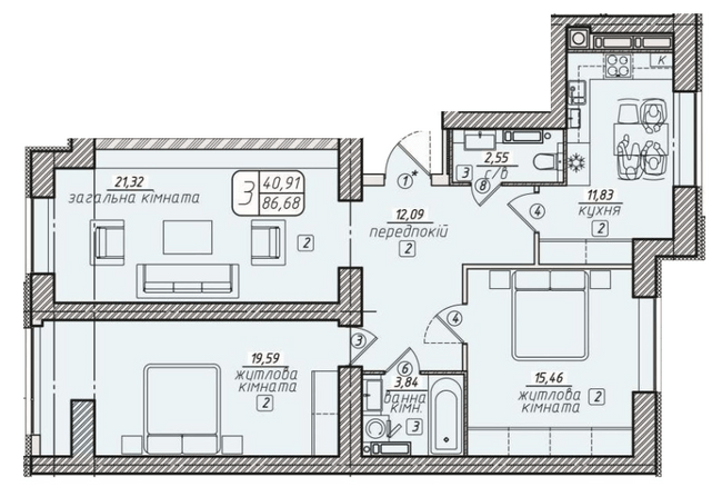 3-комнатная 89.68 м² в ЖК Западный от 16 500 грн/м², Винница