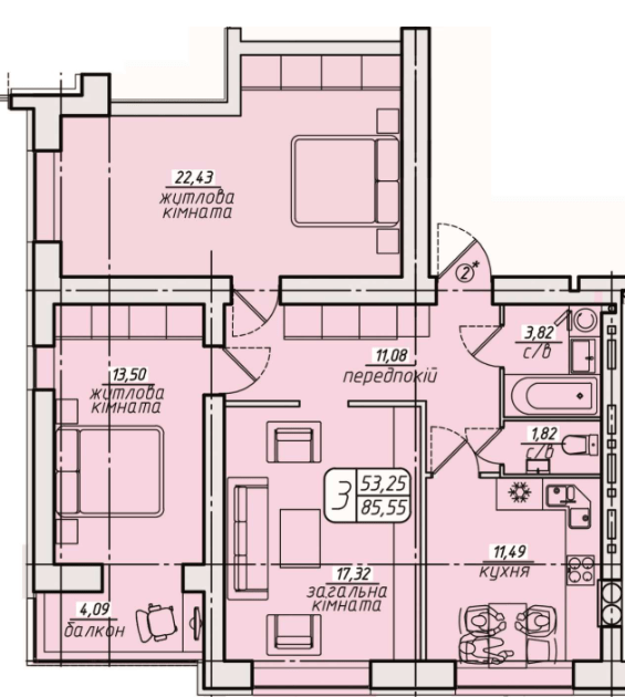 3-кімнатна 85.55 м² в ЖК Західний від 16 000 грн/м², Вінниця