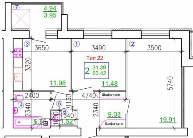 2-комнатная 63.42 м² в Мкрн Академический от 19 750 грн/м², Винница