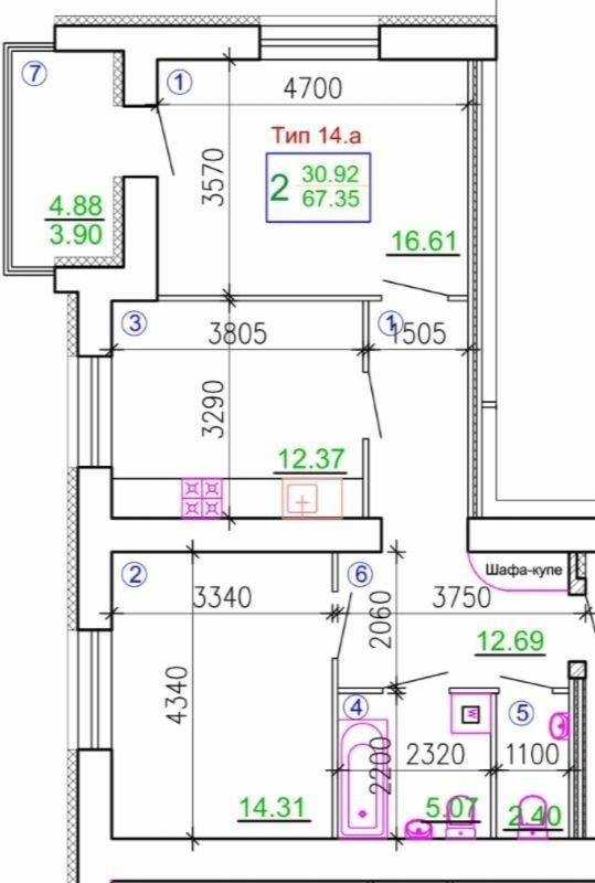 2-комнатная 67.35 м² в Мкрн Академический от 19 750 грн/м², Винница