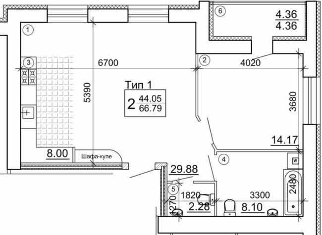 2-комнатная 66.79 м² в Мкрн Академический от 18 500 грн/м², Винница