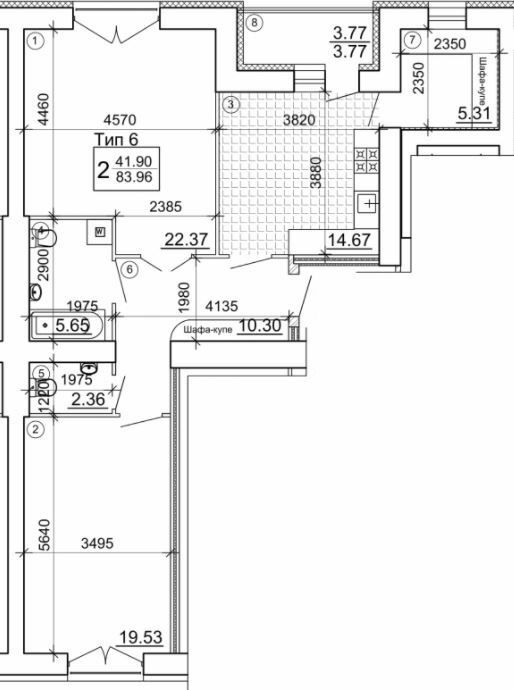 2-комнатная 83.96 м² в Мкрн Академический от 18 500 грн/м², Винница