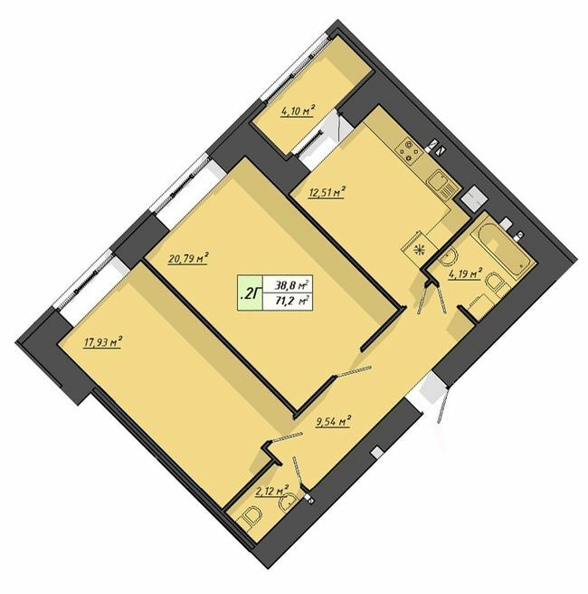 2-комнатная 71.2 м² в ЖК Львовский от 18 000 грн/м², Тернополь